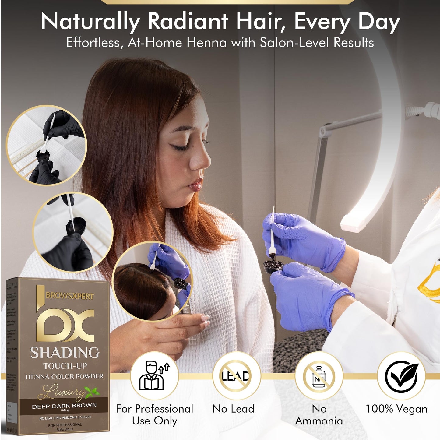 Brows Xpert deep dark brown eyebrow henna packaging highlighting ammonia free formula