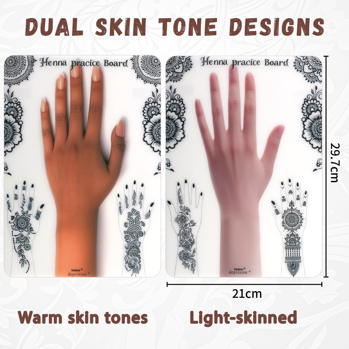 Two pack of acrylic mehndi practice templates in light and deep skin tones with intricate henna patterns