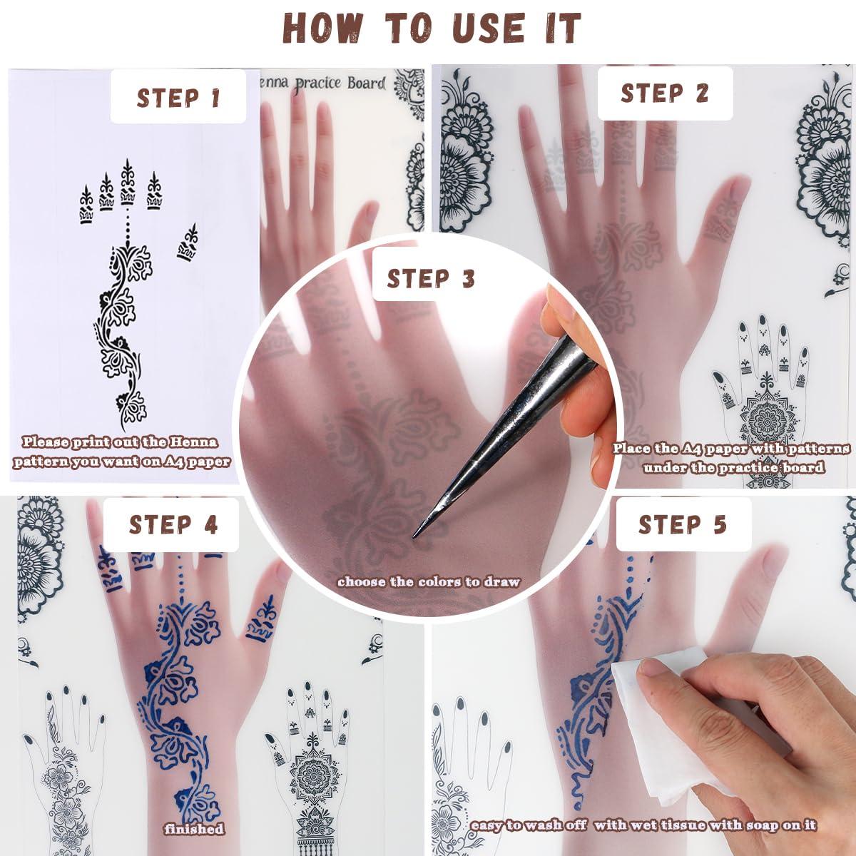 Durable stain resistant henna sketching board showing clean hand outlines for beginners learning traditional temporary tattoos