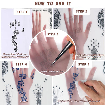 Durable stain resistant henna sketching board showing clean hand outlines for beginners learning traditional temporary tattoos
