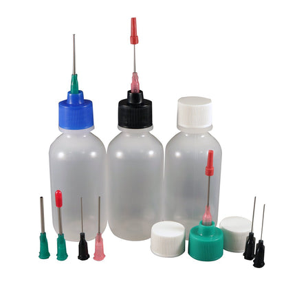 Close up of the non medical blunt dispensing needles and Luer Lock caps included in the Jensen Global kit.