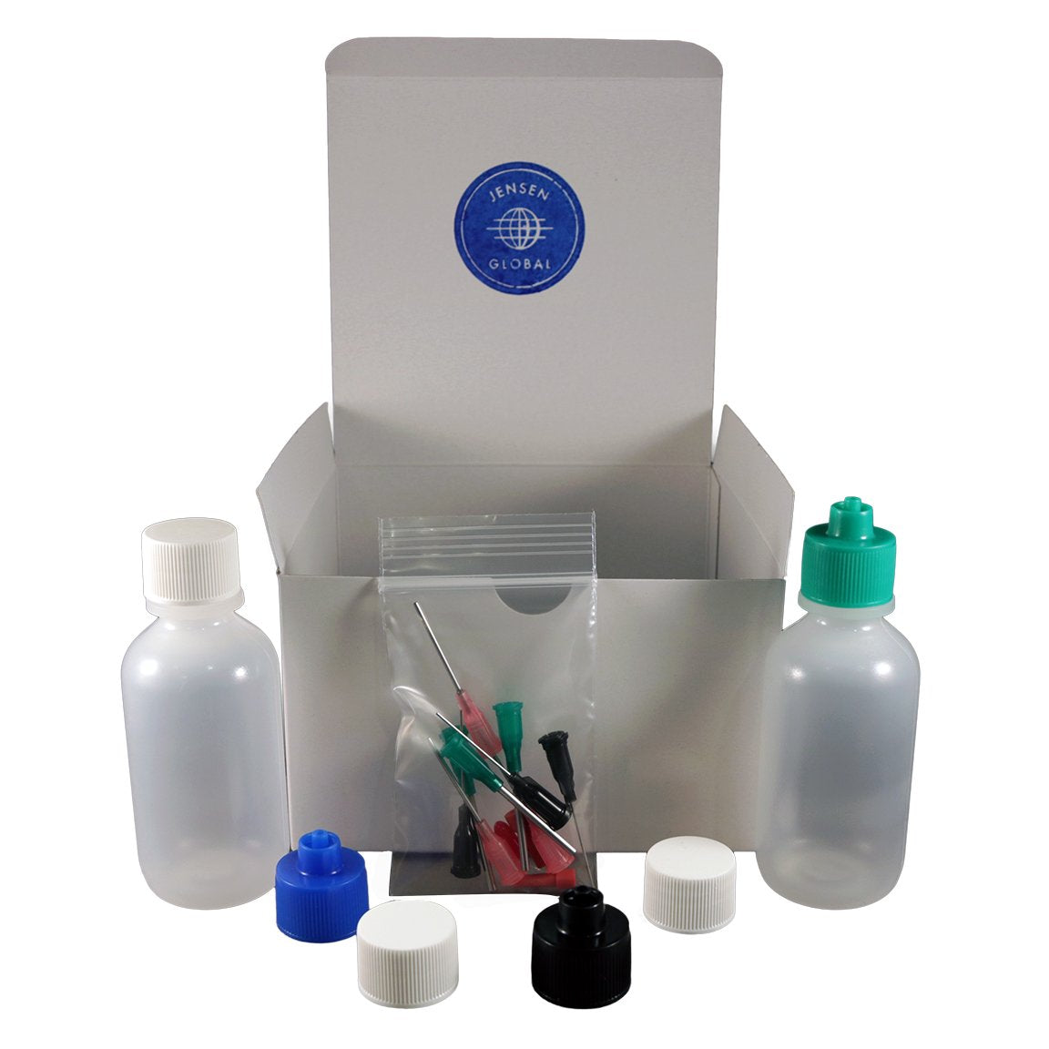 Complete contents of the imported Jensen Global precision applicator set with protective scabbard travel covers.