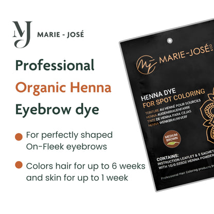 Marie-José and Co Henna Eyebrow Tint kit contents displaying five individual powder sachets.