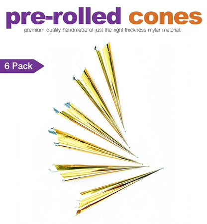 Six pieces of golden hand rolled cellophane dispensers for cake decorating and jagua