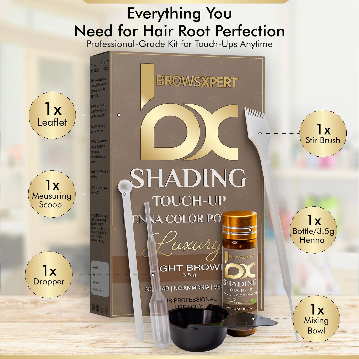 Waterproof and smudge-proof BROWSXPERT herbal henna color powder being mixed in the included dish.