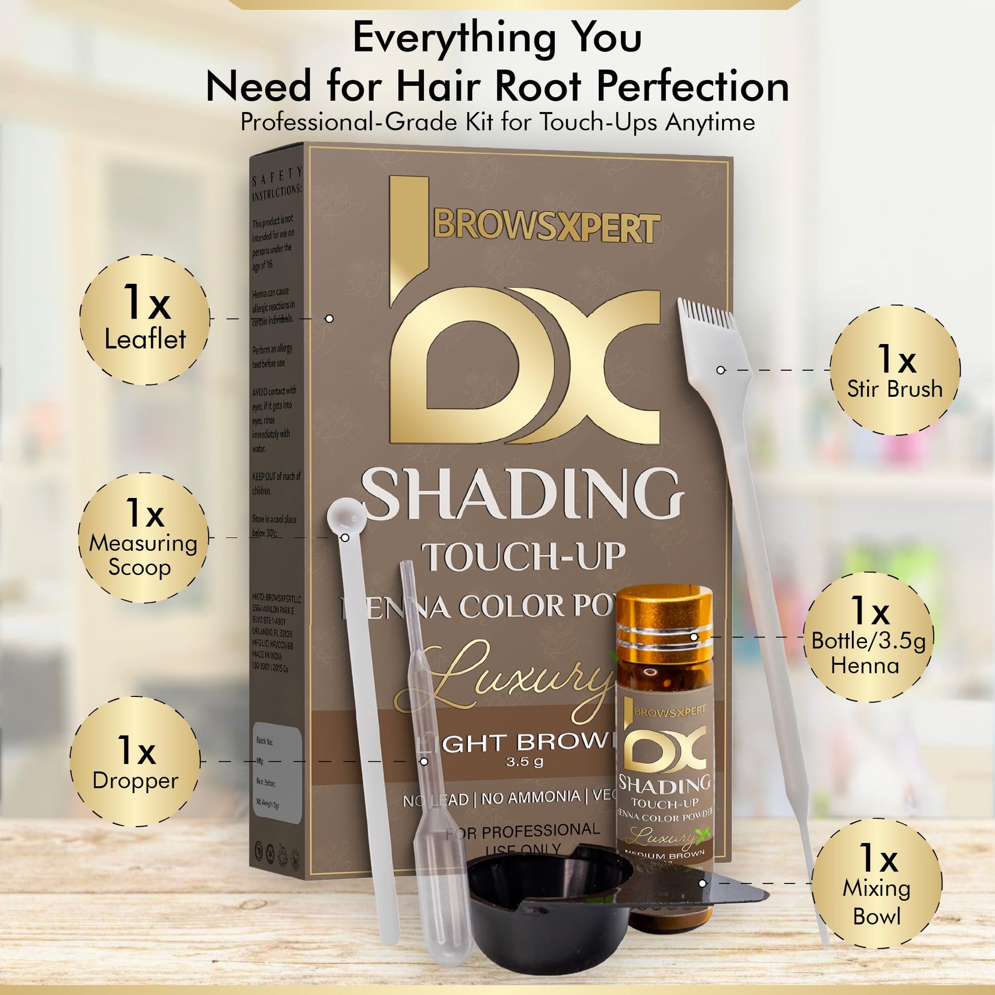 Waterproof and smudge-proof BROWSXPERT herbal henna color powder being mixed in the included dish.