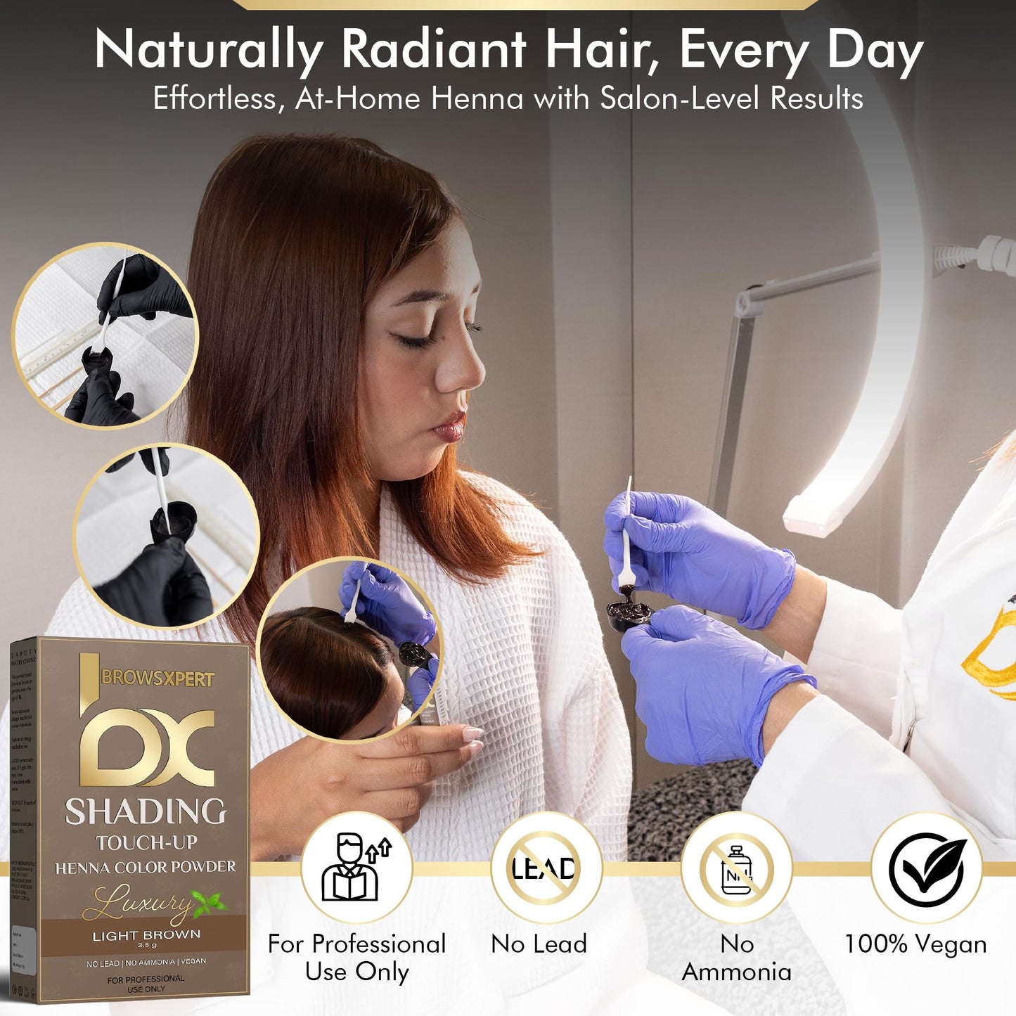 Vegan and paraben-free BROWSXPERT henna touch-up kit contents spread out for professional salon use.