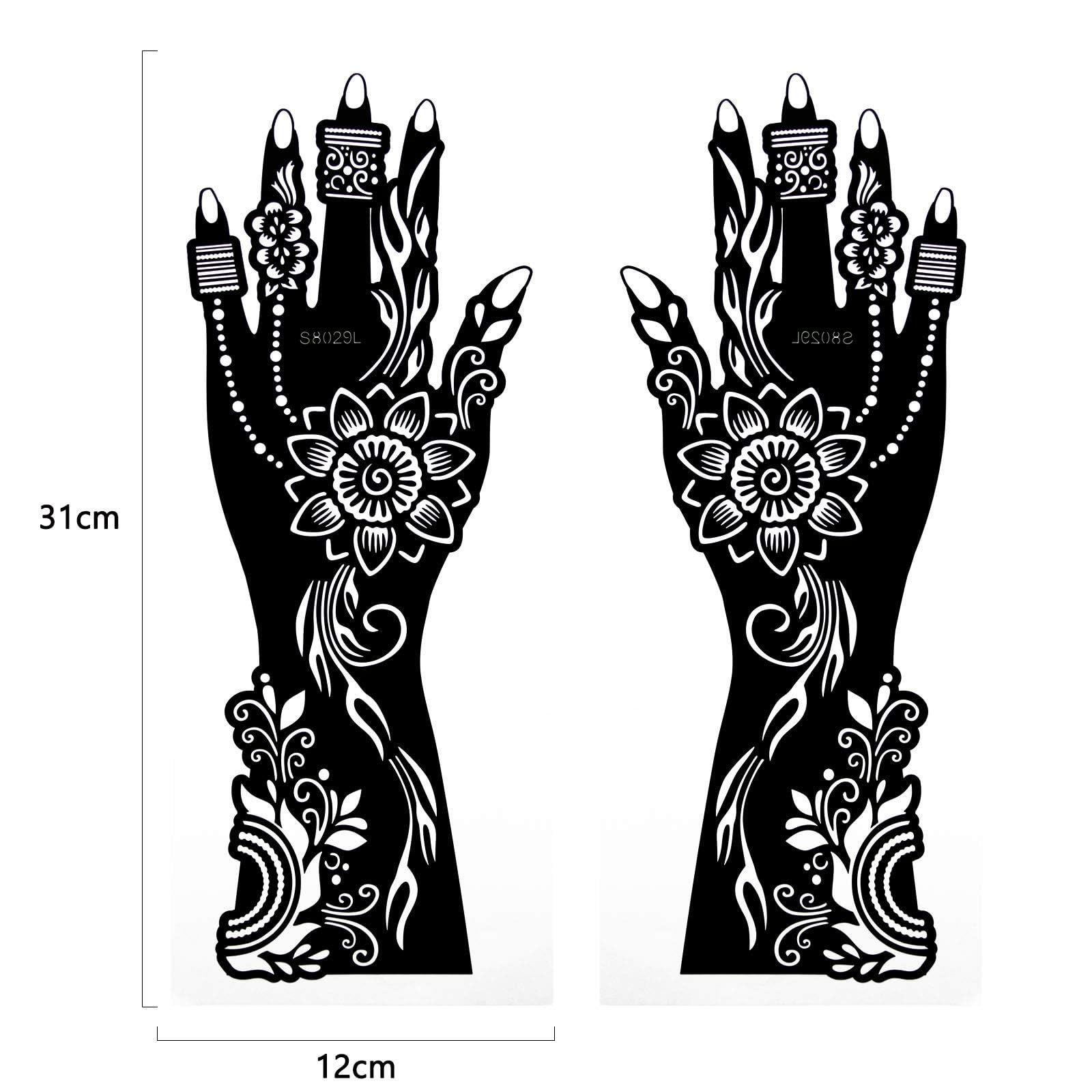 Xmasir S8 variant stencils applied neatly to the hand and forearm before henna application.