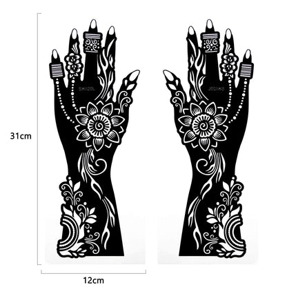 Xmasir S8 variant stencils applied neatly to the hand and forearm before henna application.