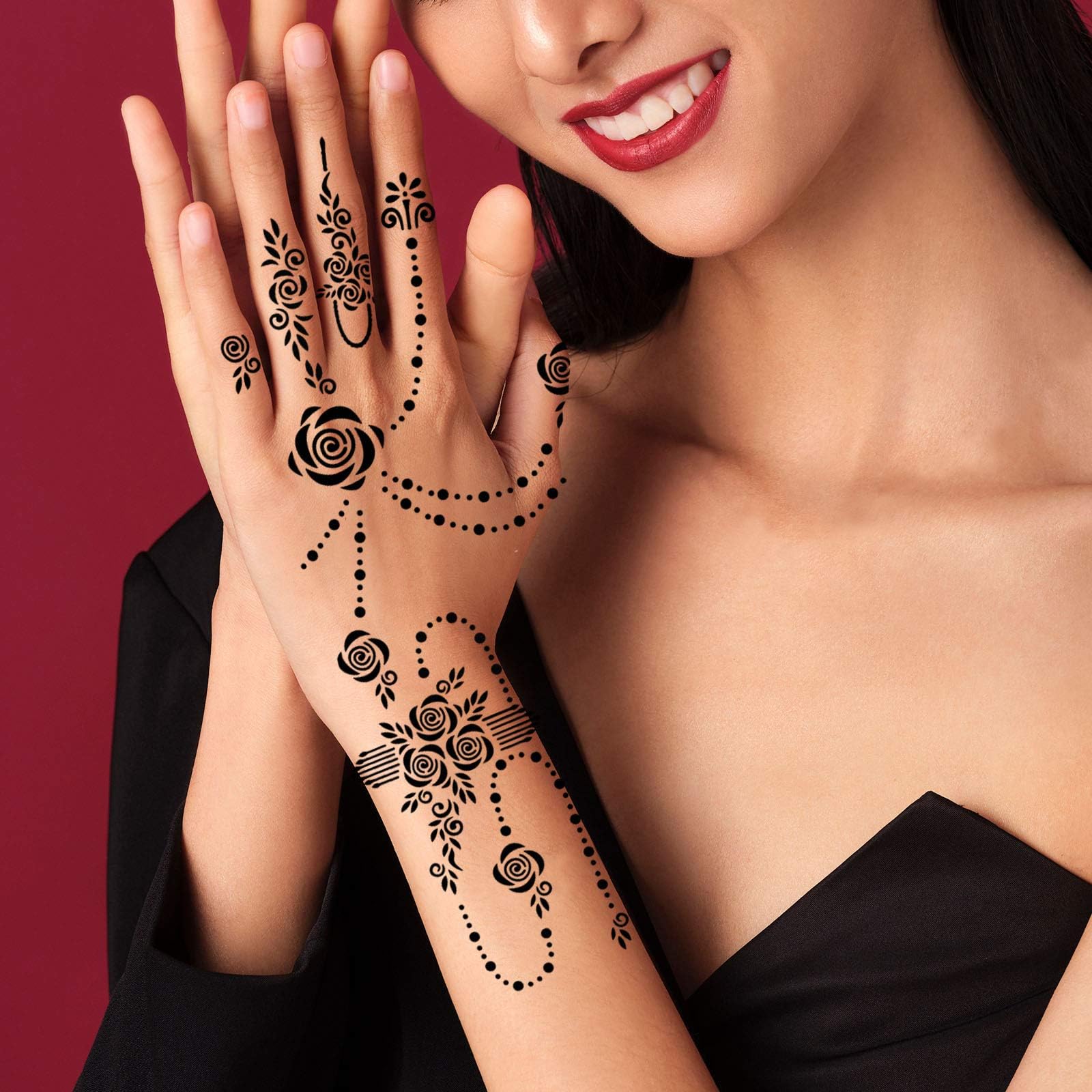 Different Arabian and traditional Indian patterns included in the 12 sheet temporary tattoo package.