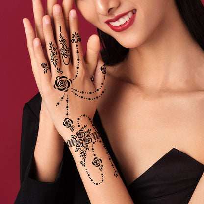 Different Arabian and traditional Indian patterns included in the 12 sheet temporary tattoo package.