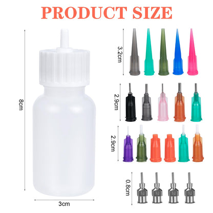 Close up view of the sixteen different stainless steel and plastic applicator needles included in the temporary tattoo kit.