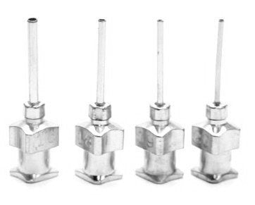 Close up of the medical grade stainless steel tips showing various gauge thicknesses for fine lines.