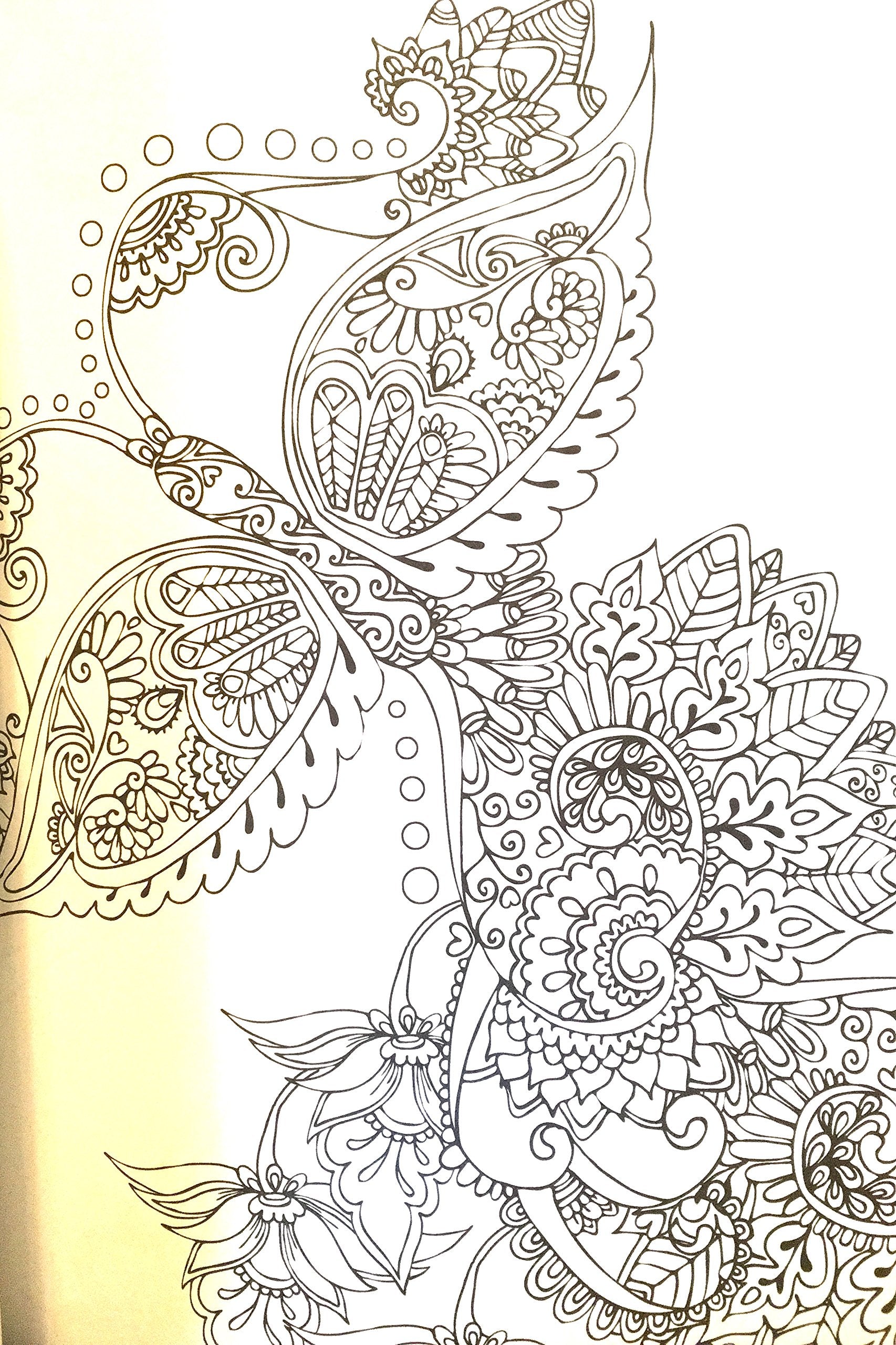 Detailed view of single sided intricate black background paisley illustrations inside the adult coloring book