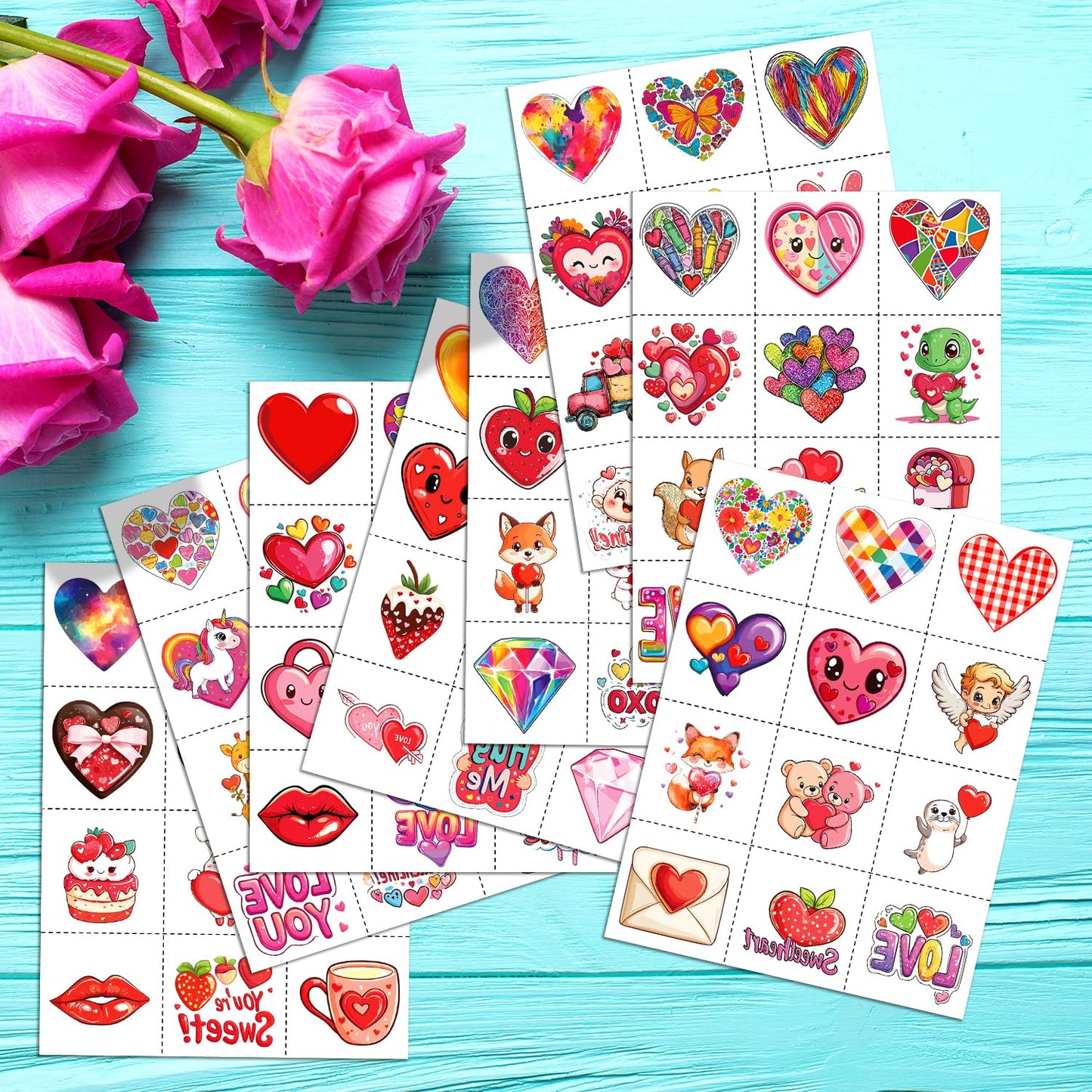 Variety of cartoon heart and animal tattoo sticker designs