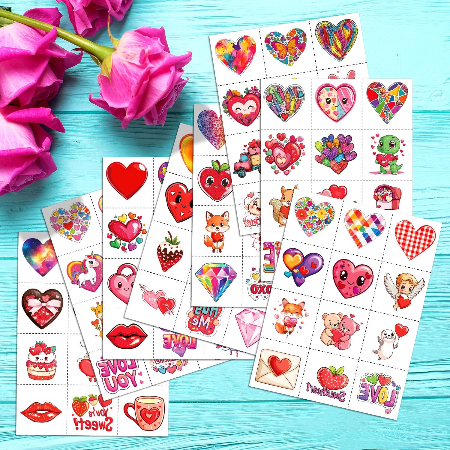 Variety of cartoon heart and animal tattoo sticker designs