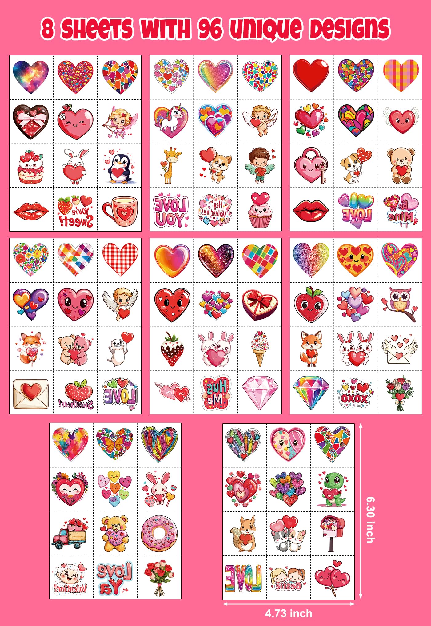 Detailed view of red lips and heart tattoo motifs