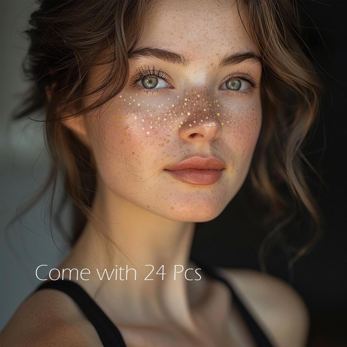 Model wearing Cardiyar gold glitter freckles on cheeks for festival makeup