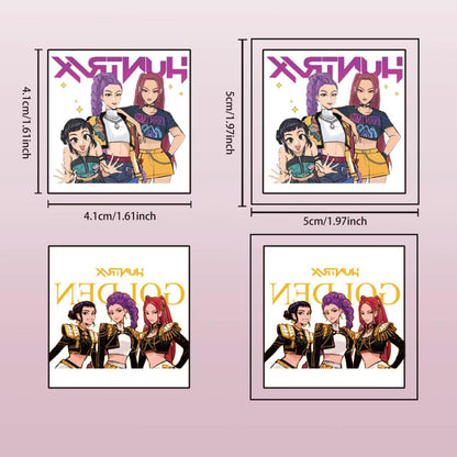 Close up of Kpop demon hunter cartoon tattoo sticker designs