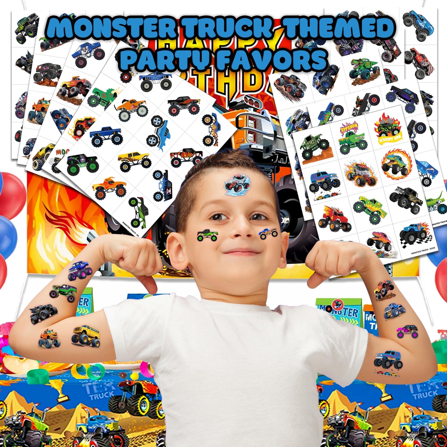 Close up of 96 monster truck tattoo designs on sheets