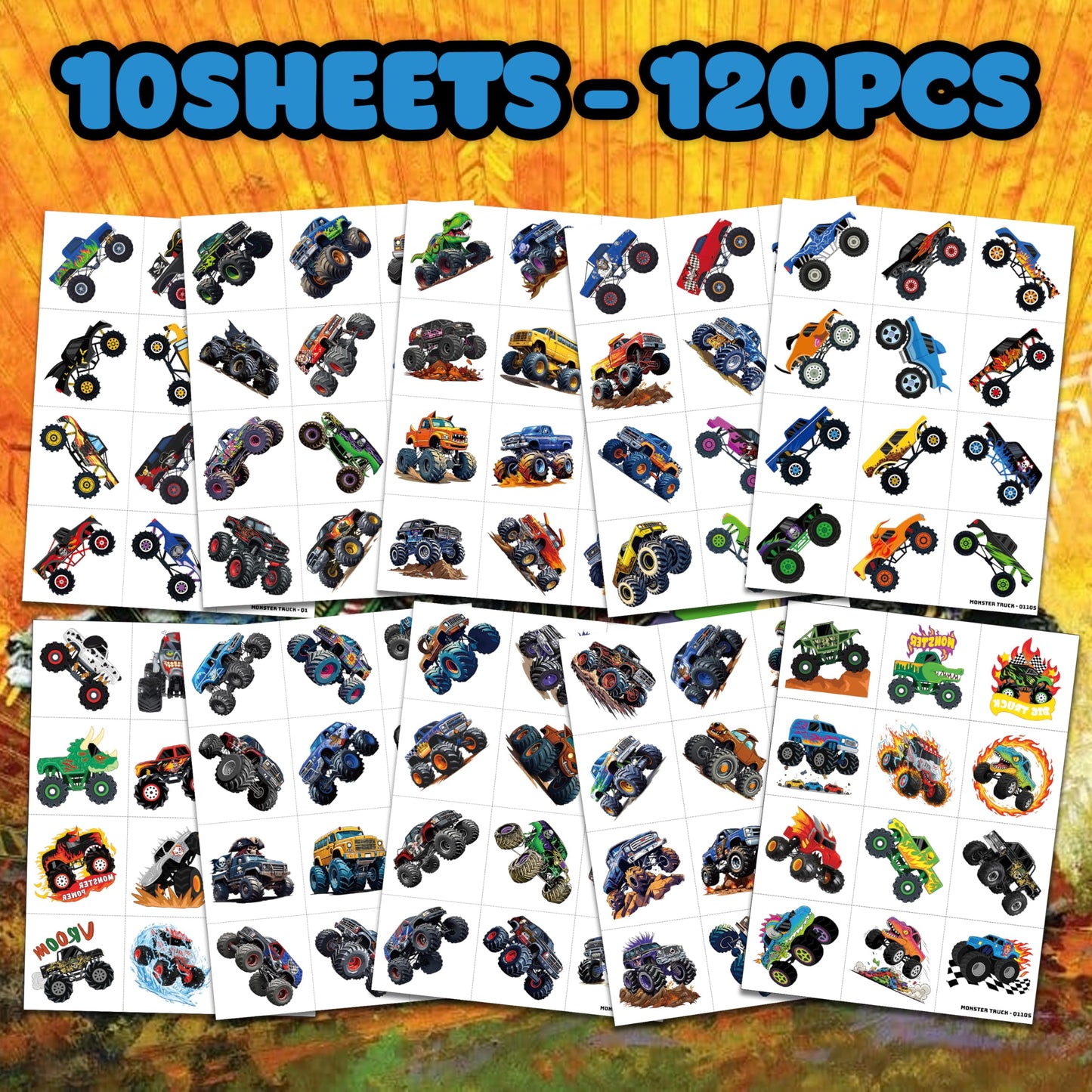 Kids wearing monster truck race car temporary tattoos on arms