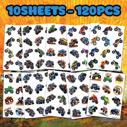Kids wearing monster truck race car temporary tattoos on arms
