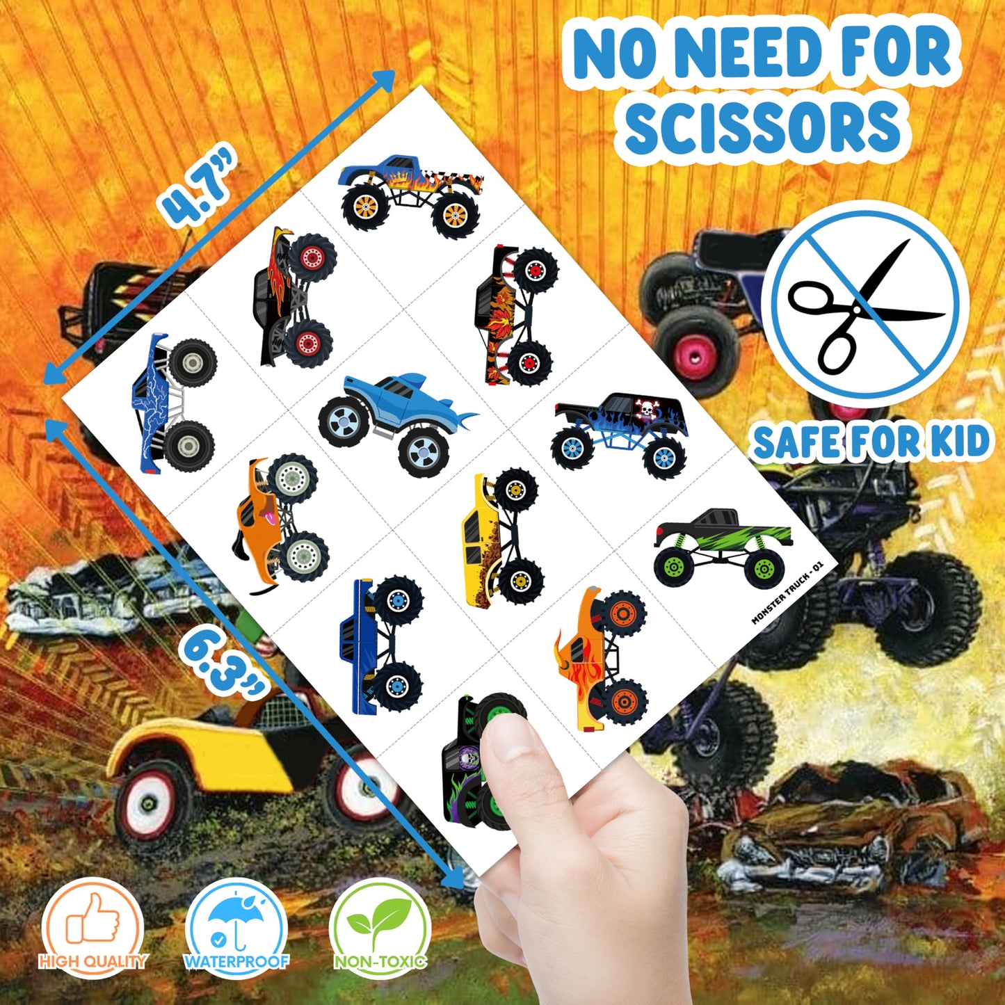 Variety of colorful monster truck race car tattoo sticker designs