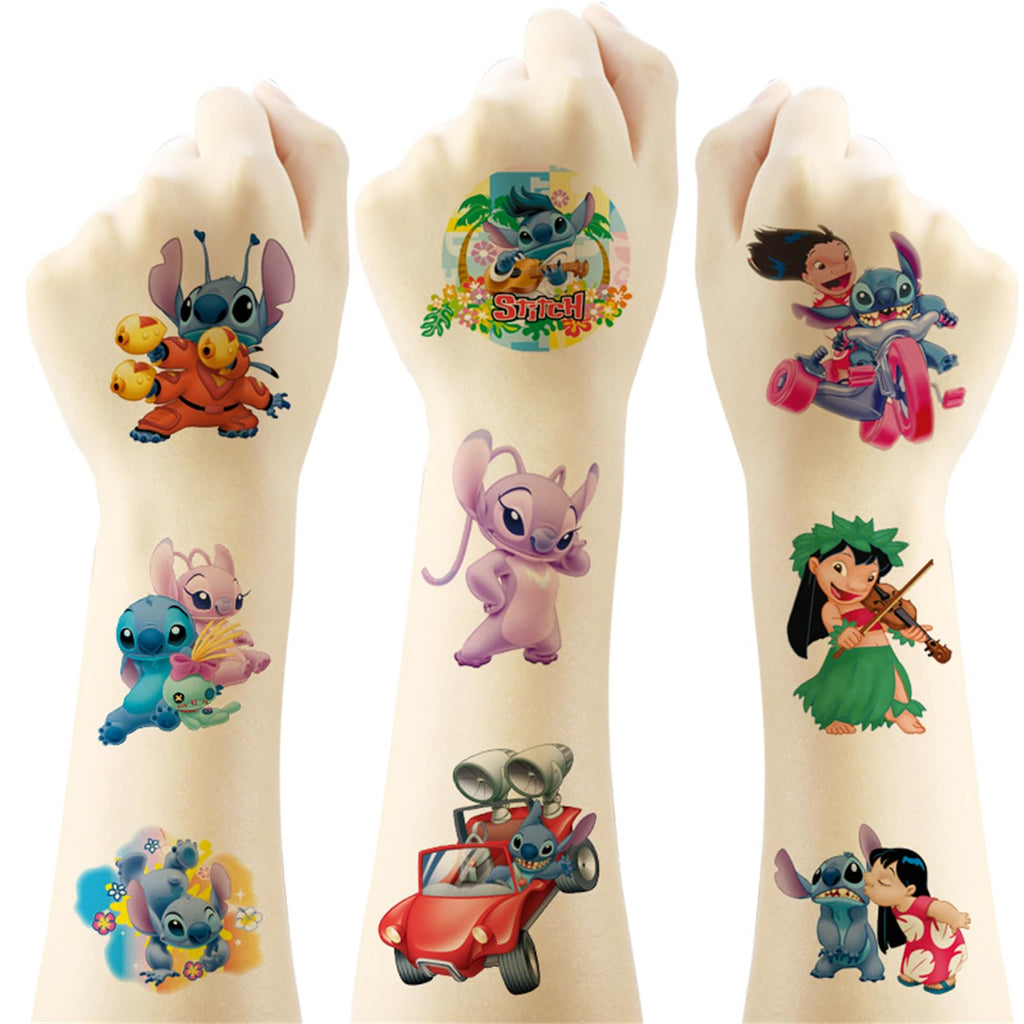 Close up of Stitch and Angel temporary tattoo designs on skin
