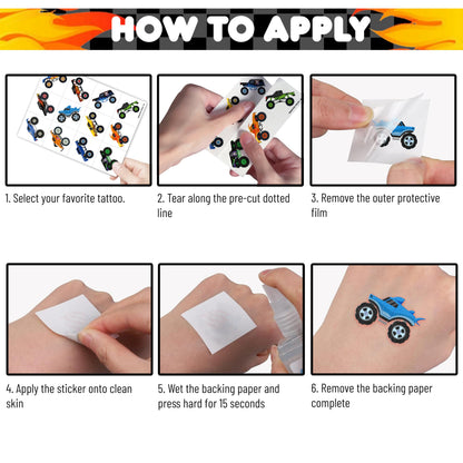 Instructions on how to apply monster truck tattoos to skin