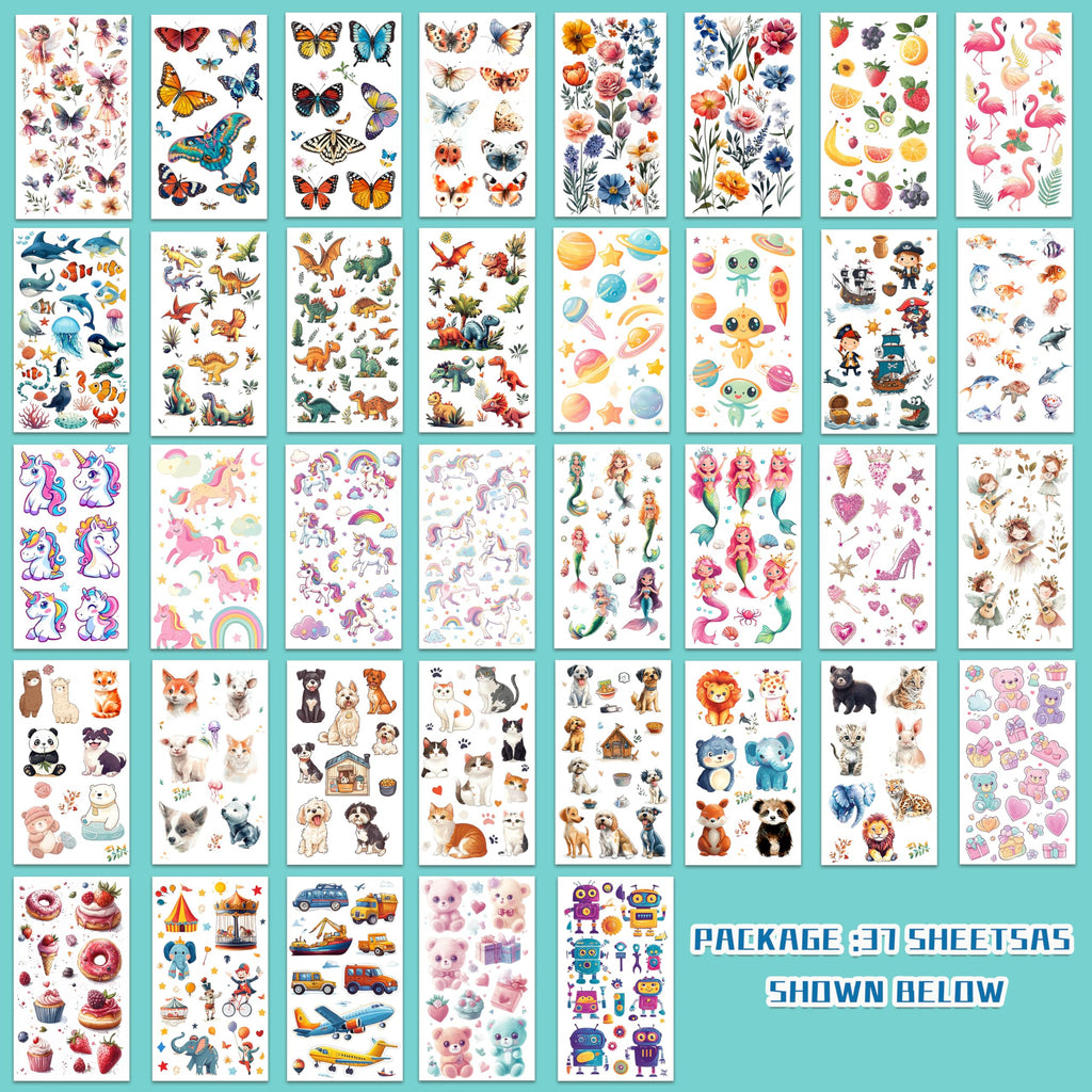 Assorted dinosaur and animal temporary tattoos on 37 sheets