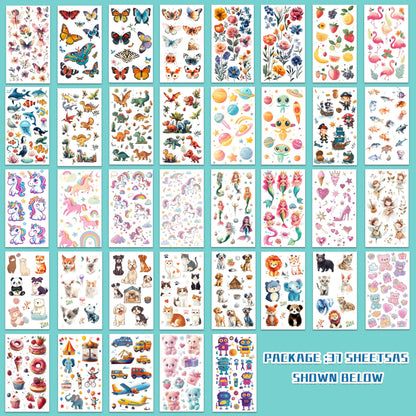 Assorted dinosaur and animal temporary tattoos on 37 sheets