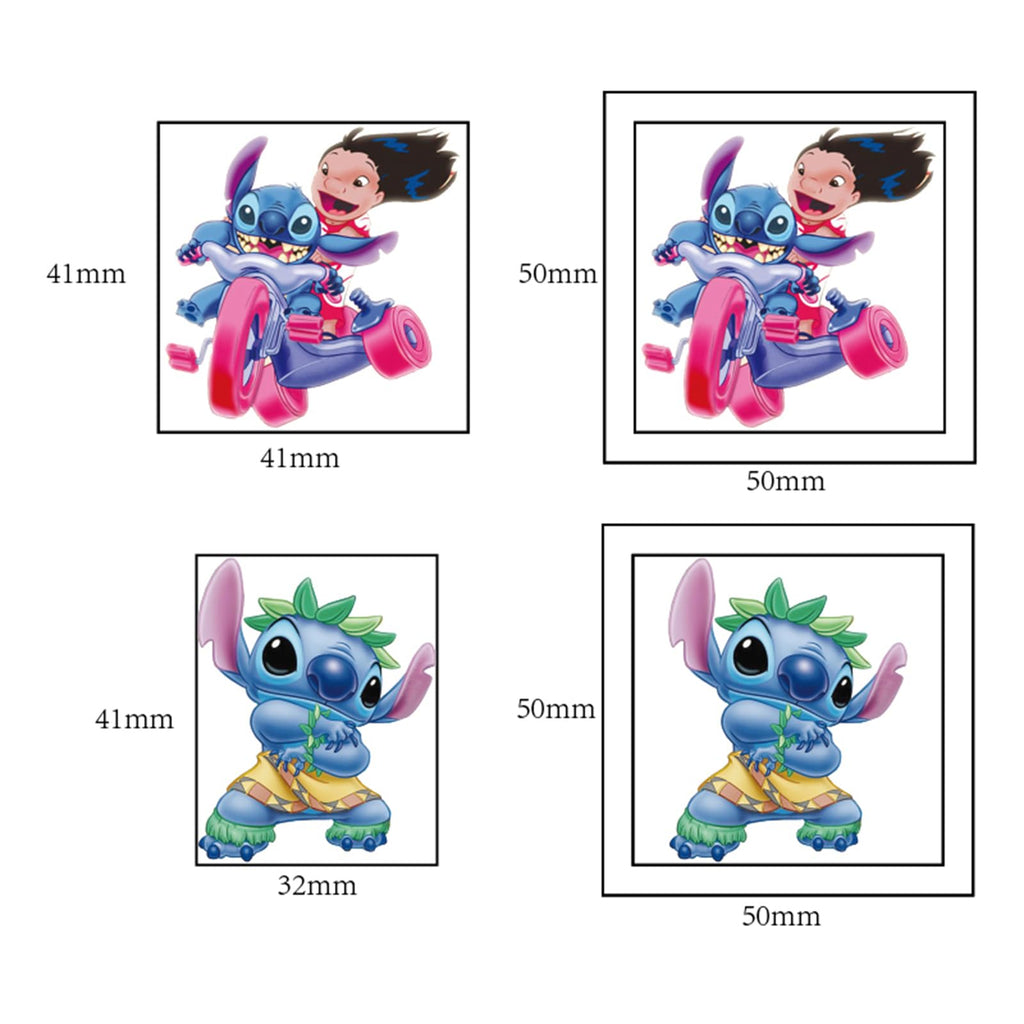 Detailed view of individual Stitch character temporary tattoo sheet
