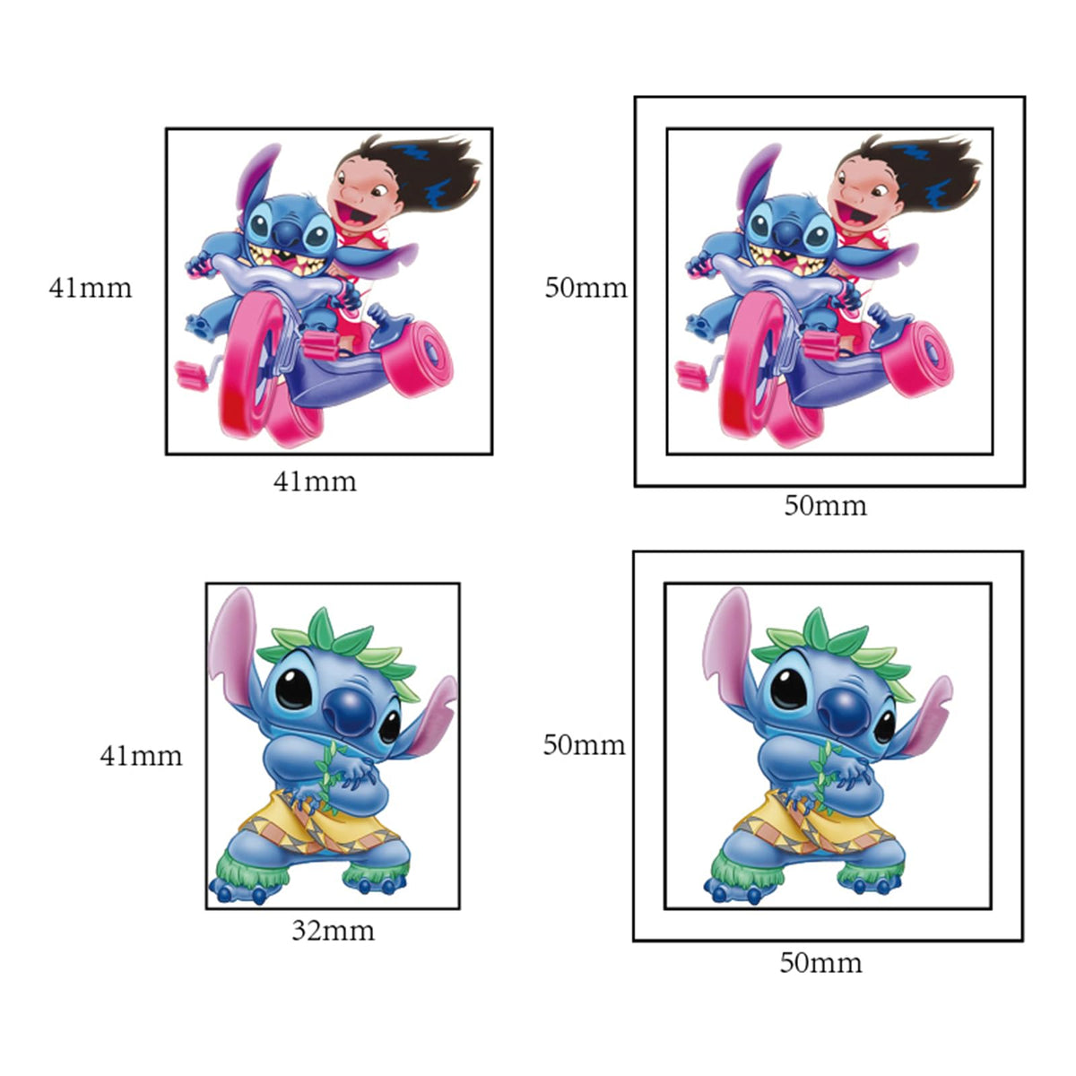 Detailed view of individual Stitch character temporary tattoo sheet
