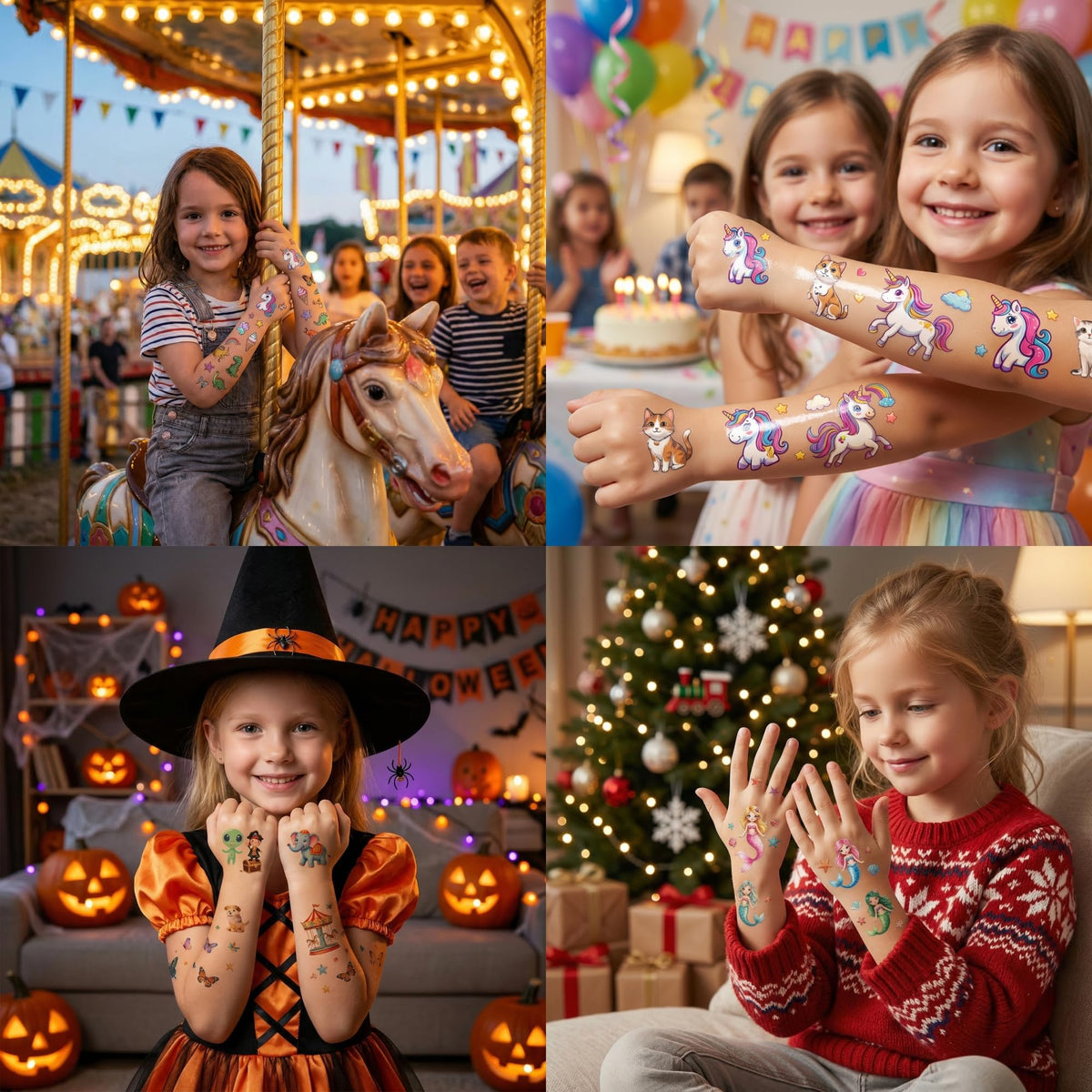 Close up of diverse temporary tattoo collection for boys and girls
