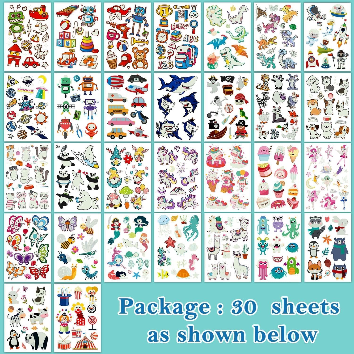 Variety of cartoon designs including dinosaurs and mermaids on tattoo sheets