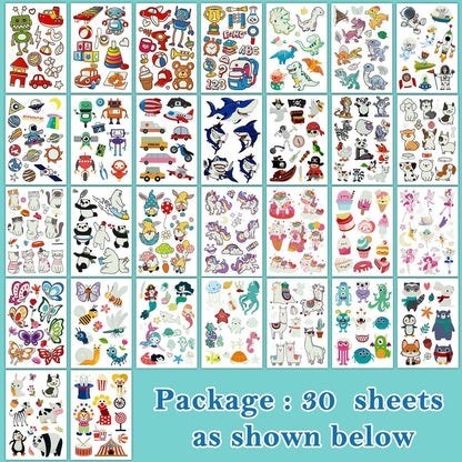 Variety of cartoon designs including dinosaurs and mermaids on tattoo sheets