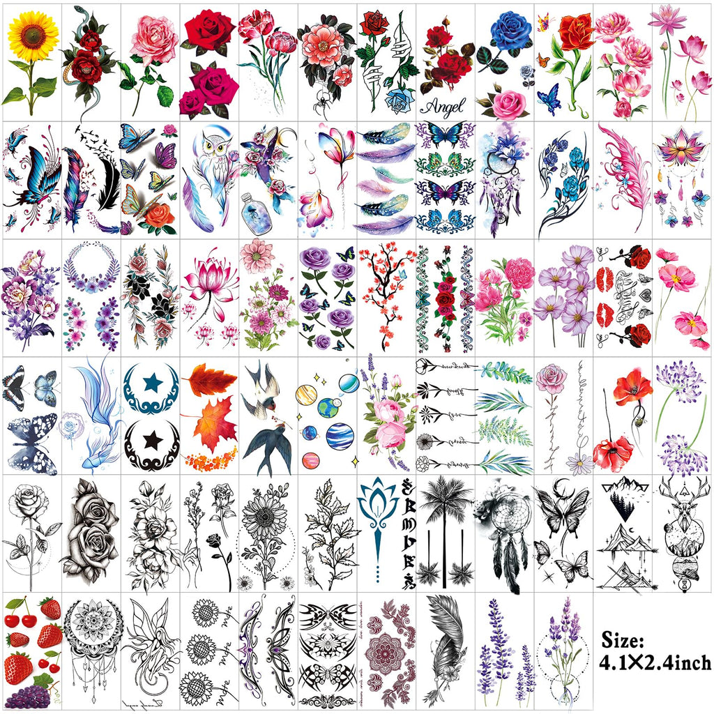 Close up of rose and floral temporary tattoo sheets for body art