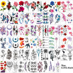 Close up of rose and floral temporary tattoo sheets for body art