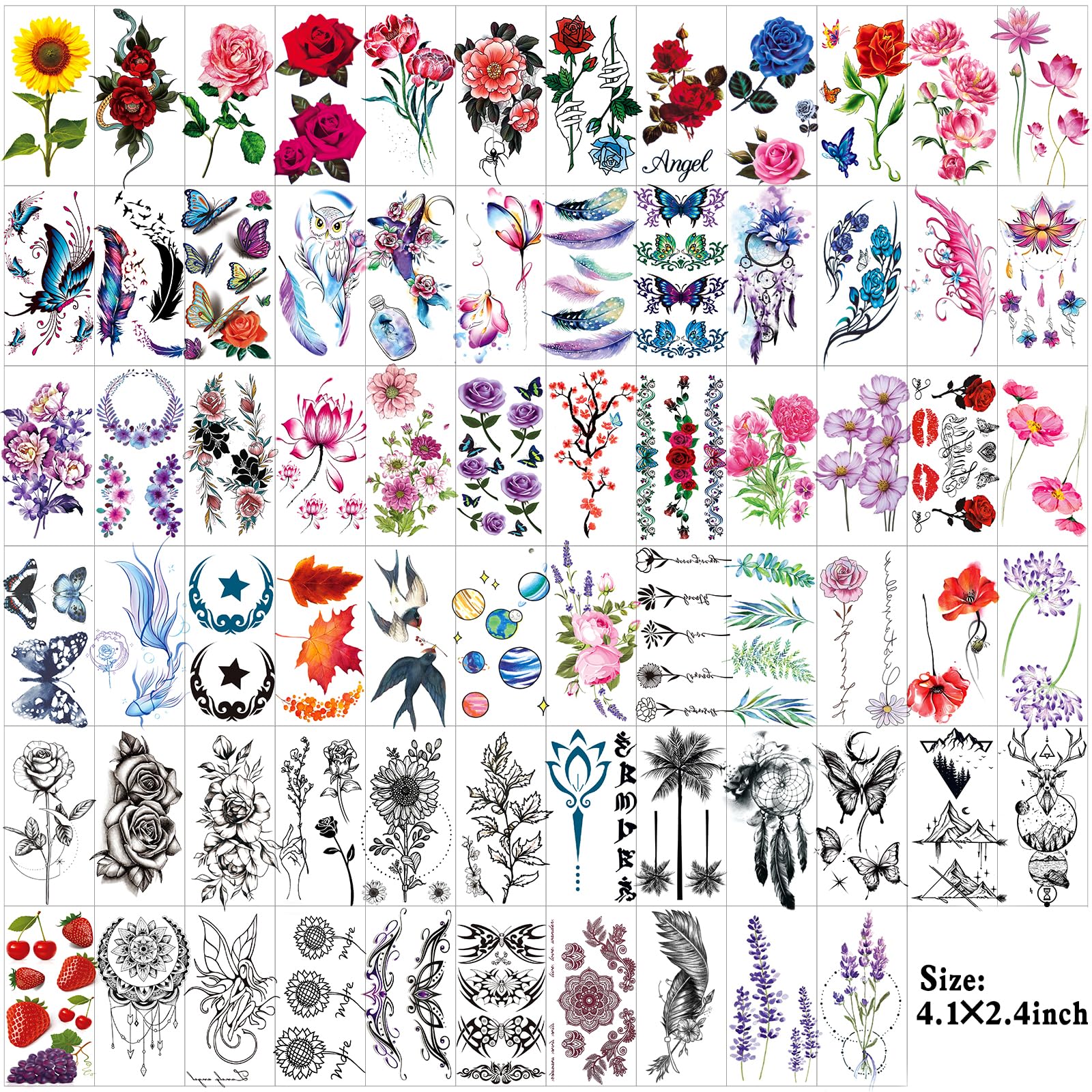Close up of rose and floral temporary tattoo sheets for body art
