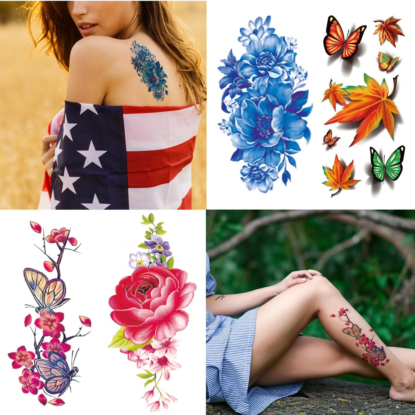 Model showing arm with floral temporary tattoo sticker design