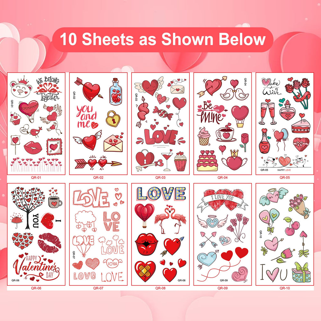 Close up of Valentine themed heart temporary tattoos