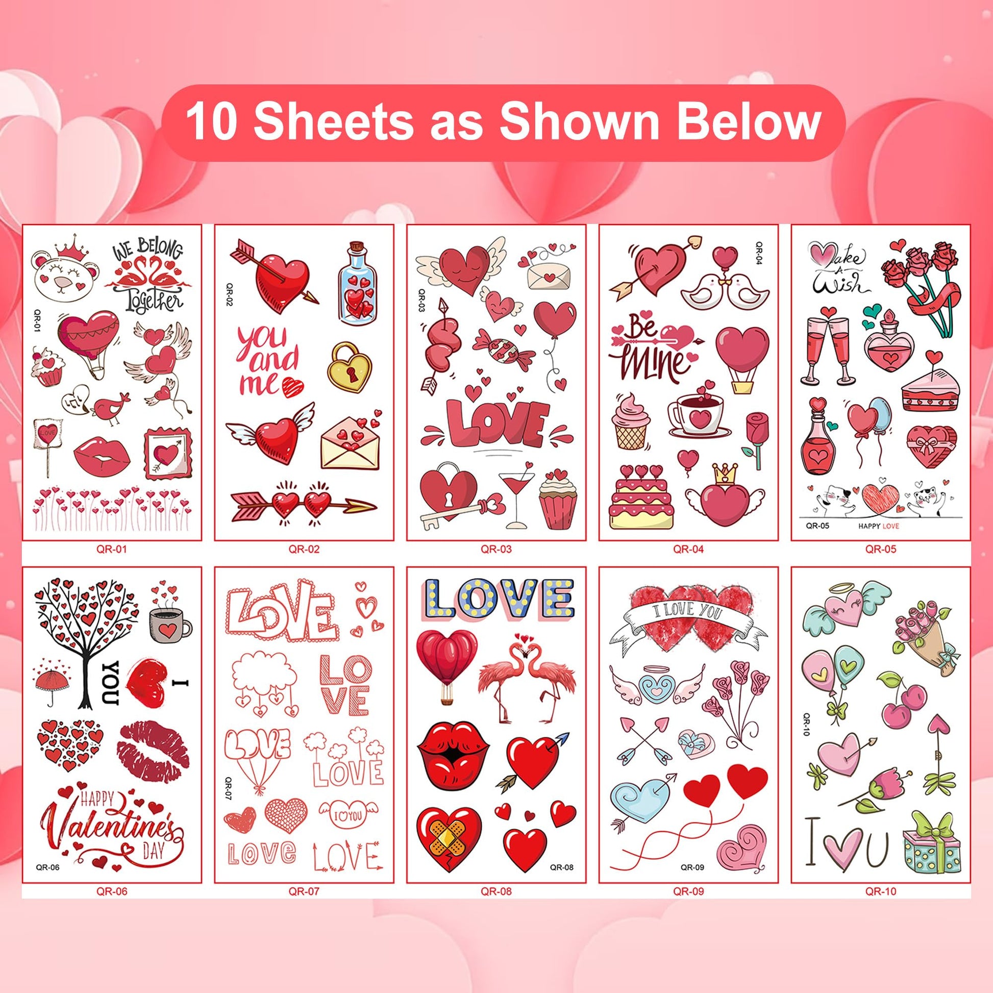Close up of Valentine themed heart temporary tattoos