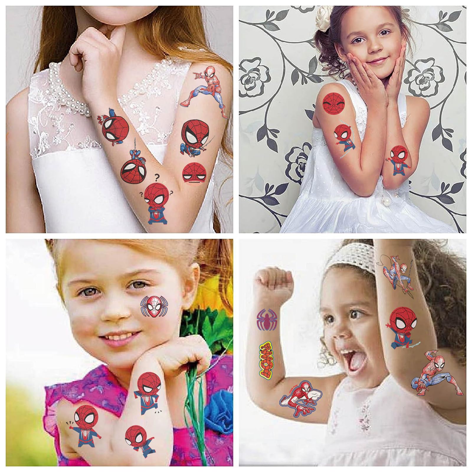 Kids applying waterproof Spiderman temporary tattoos