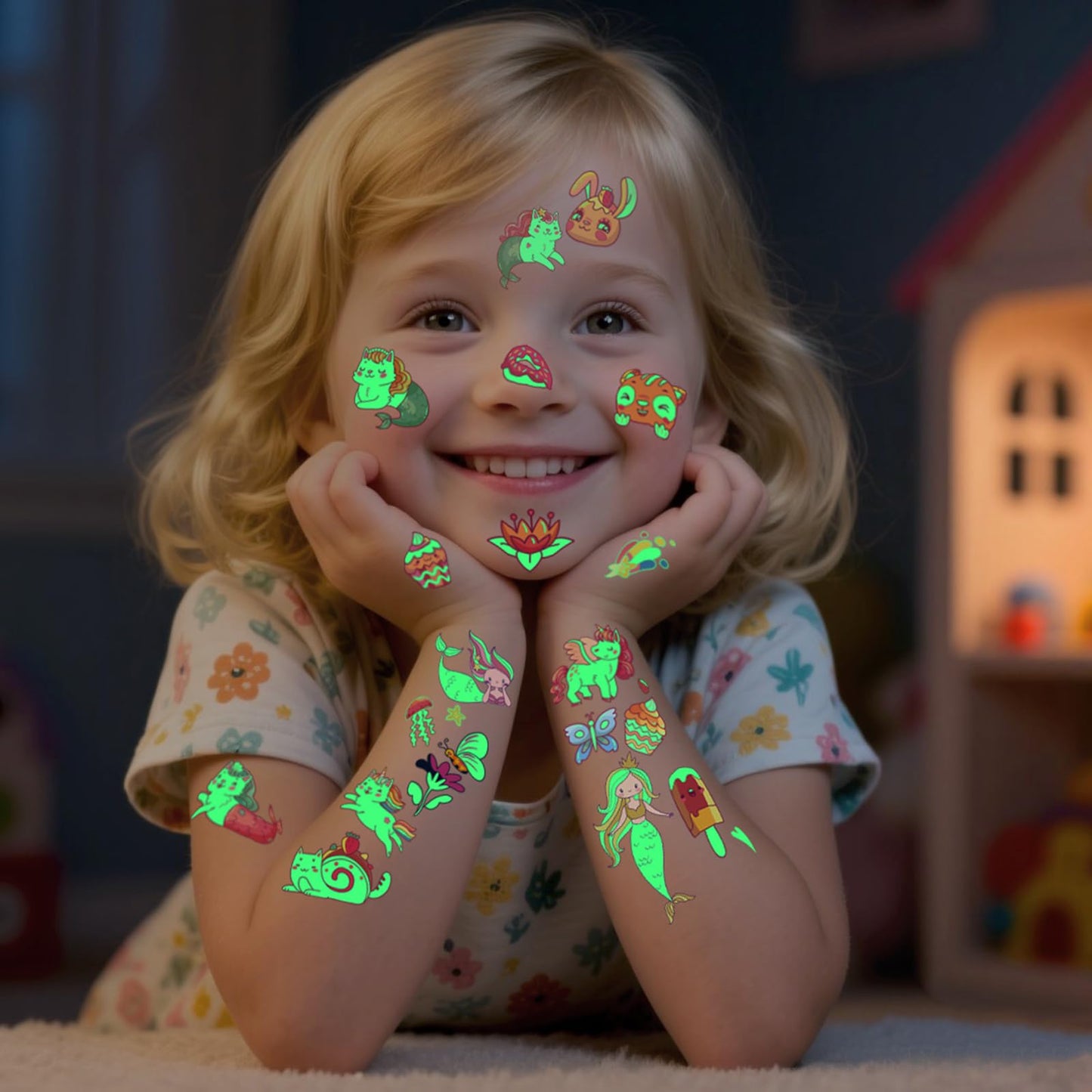 Close up of glow in the dark butterfly and dinosaur tattoos