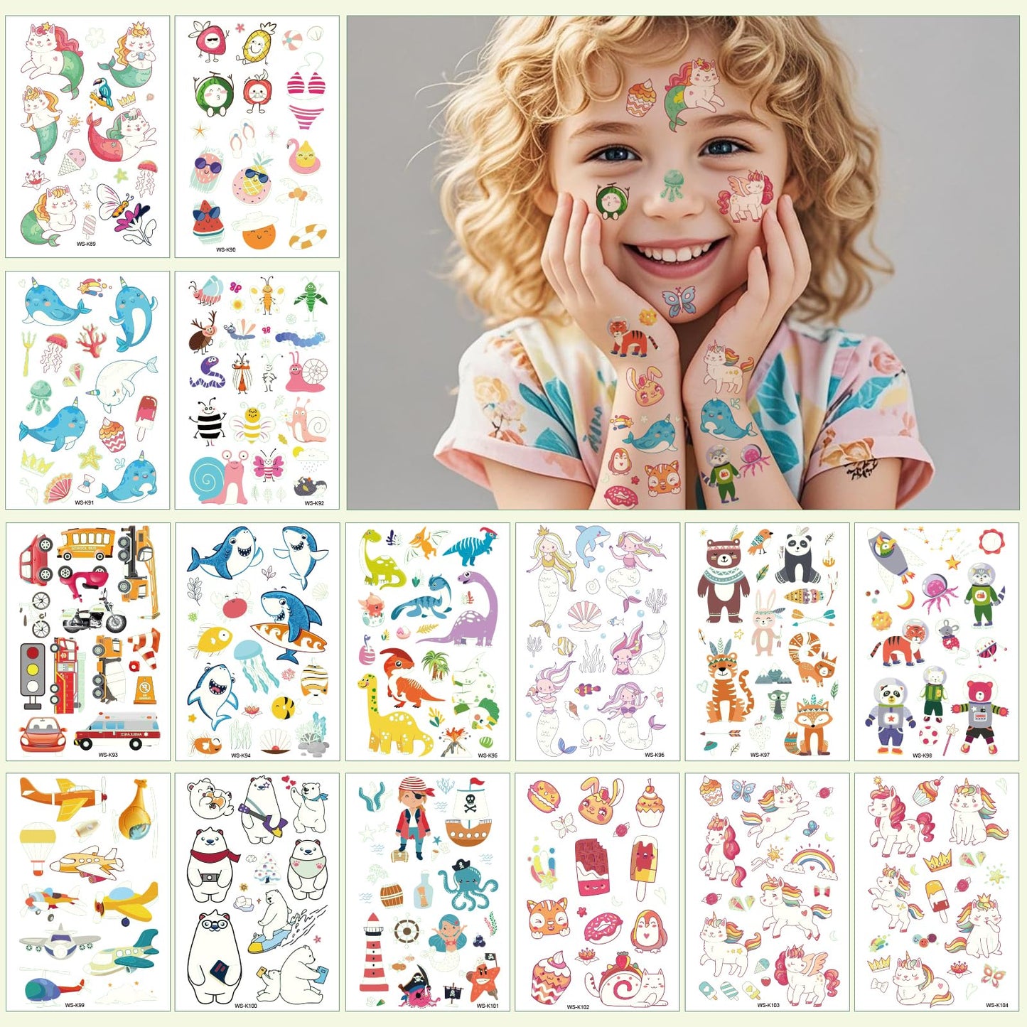 Collection of 16 sheets of mixed style glow party tattoos