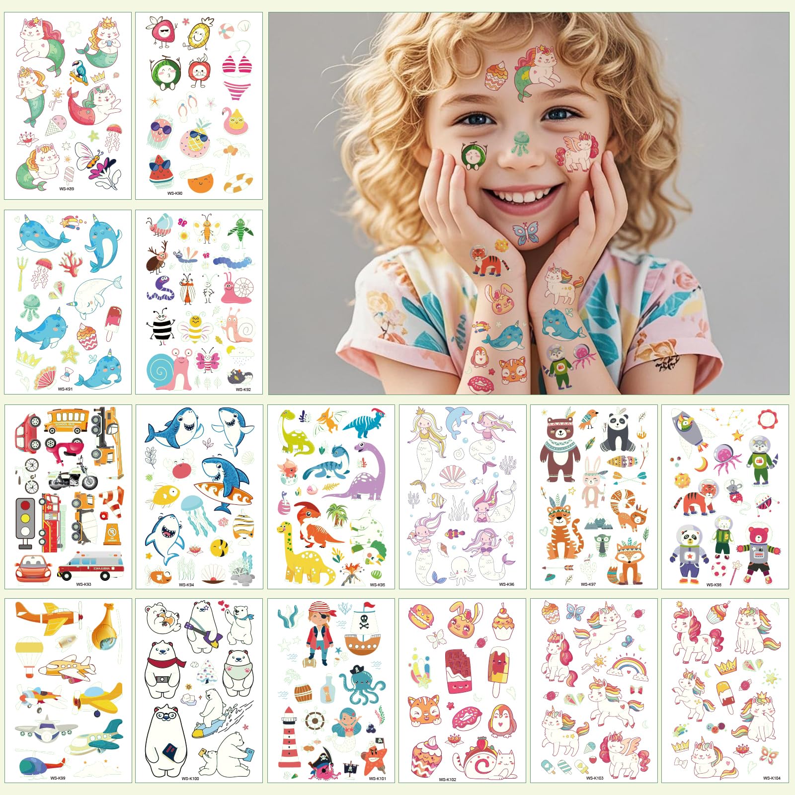 Collection of 16 sheets of mixed style glow party tattoos