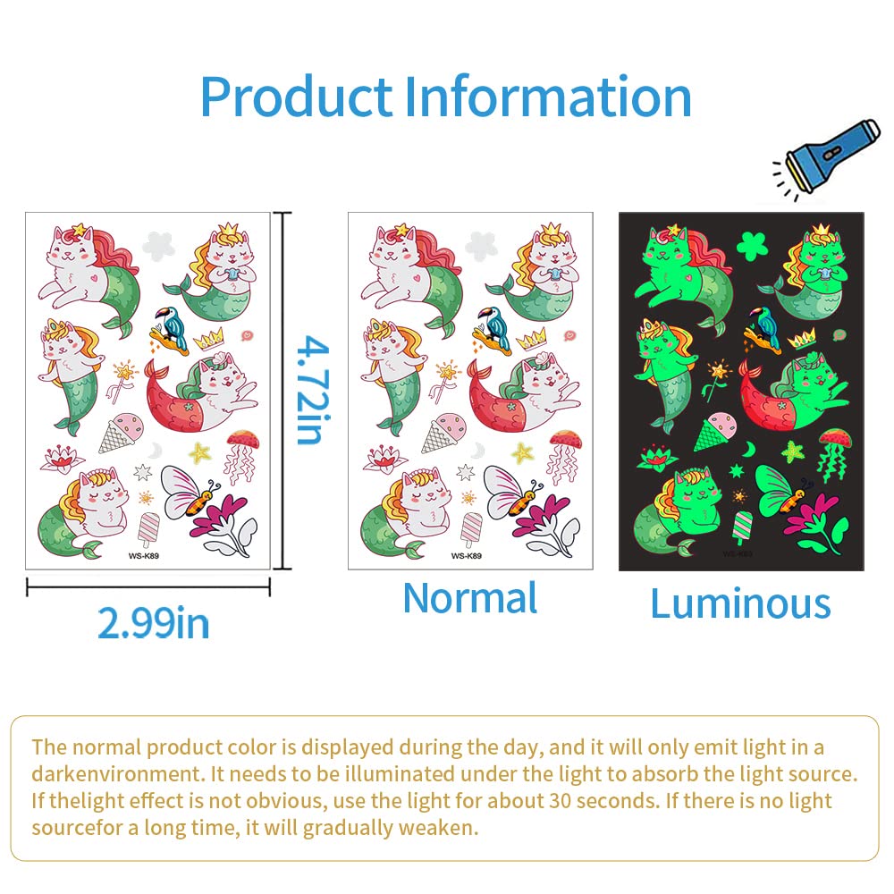 Vibrant cartoon temporary tattoos showing glow effect in dark