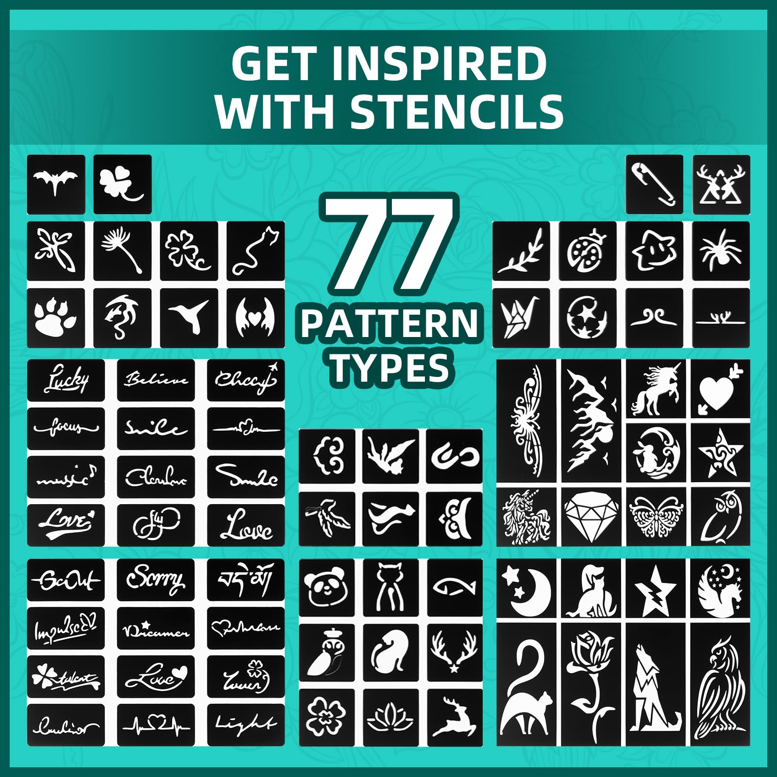 Variety of large tattoo stencils included in Anmmy kit