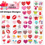 Close up of Valentine's Day themed temporary stickers