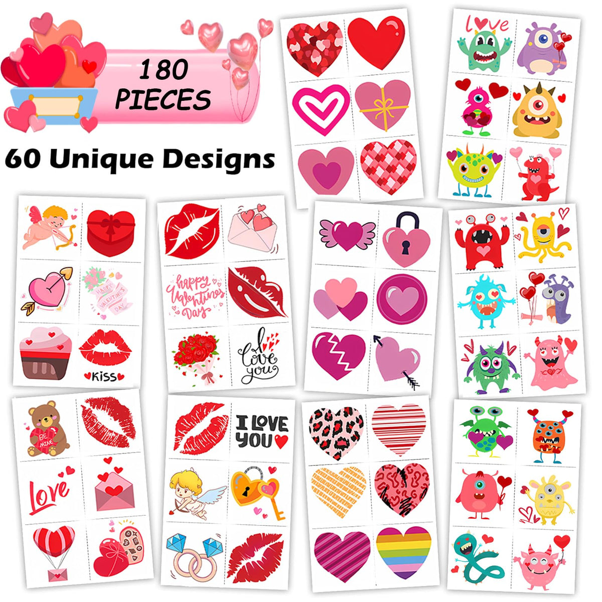 Close up of Valentine's Day themed temporary stickers